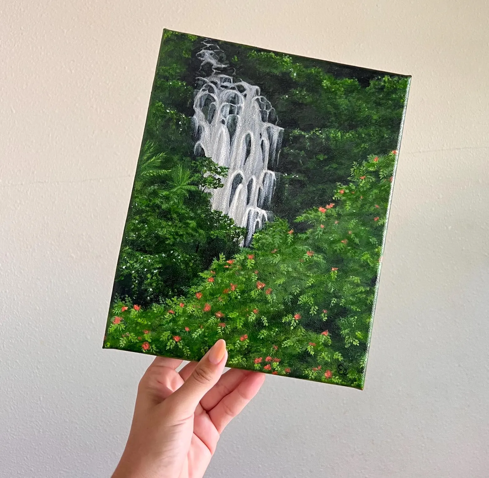Featured topical Hawaii waterfall jungle painting by Elsa Eve